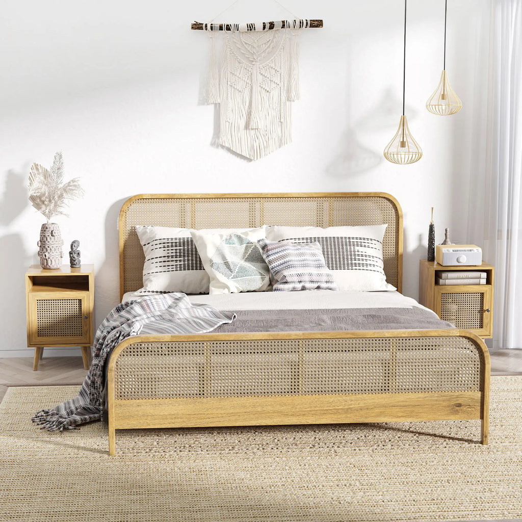 Homcom Bedside Table with Rattan Element, Side End Table with Shelf and Cupboard, 39cmx35cmx60cm, Set of 2, Natural