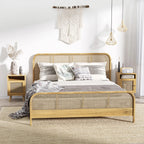 Homcom Bedside Table with Rattan Element, Side End Table with Shelf and Cupboard, 39cmx35cmx60cm, Set of 2, Natural