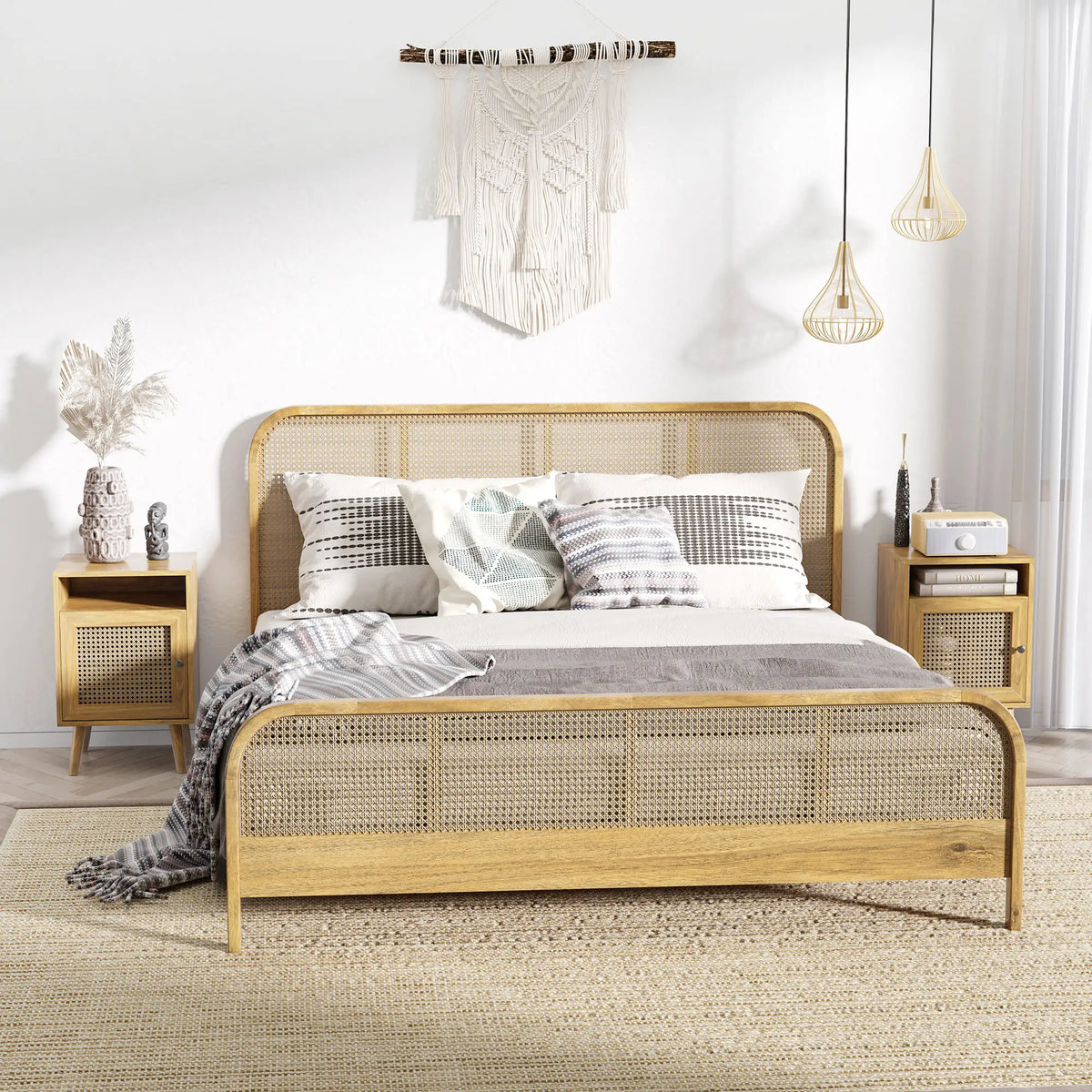 Homcom Bedside Table with Rattan Element, Side End Table with Shelf and Cupboard, 39cmx35cmx60cm, Set of 2, Natural