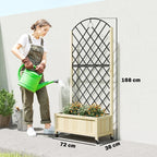 Raised planter with black metal trellis and lockable wheels, filled with colorful flowers