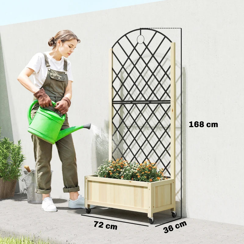 Raised planter with black metal trellis and lockable wheels, filled with colorful flowers