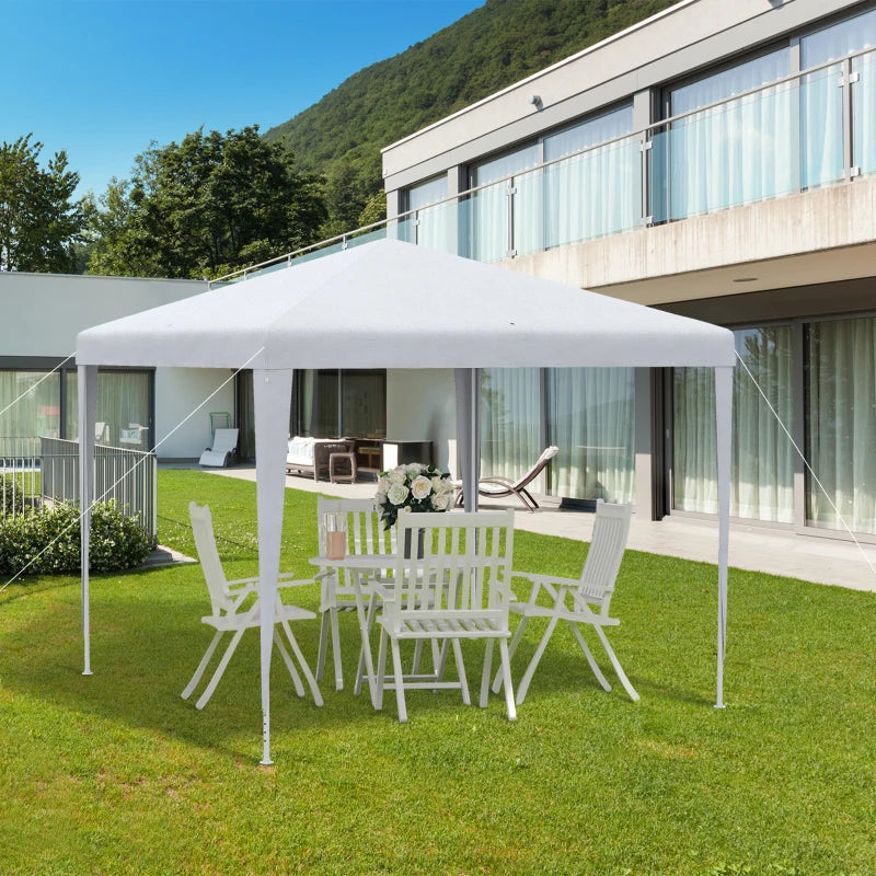 White outdoor party gazebo tent with open sides, supporting poles, and seating