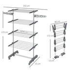 Foldable grey four-tier clothes horse with side arms and wheels