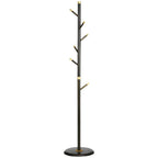 Freestanding coat rack stand with tall dark frame, multiple small hooks, and round base