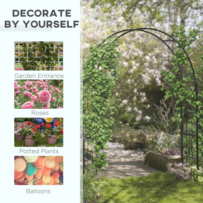 Black metal garden arch trellis with climbing vines along the frame