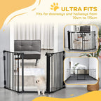 Black metal pet safety gate with wide three-panel enclosure for doorways