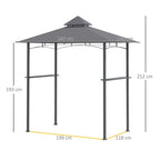Grey double-tier BBQ gazebo grill canopy with size dimensions on metal frame