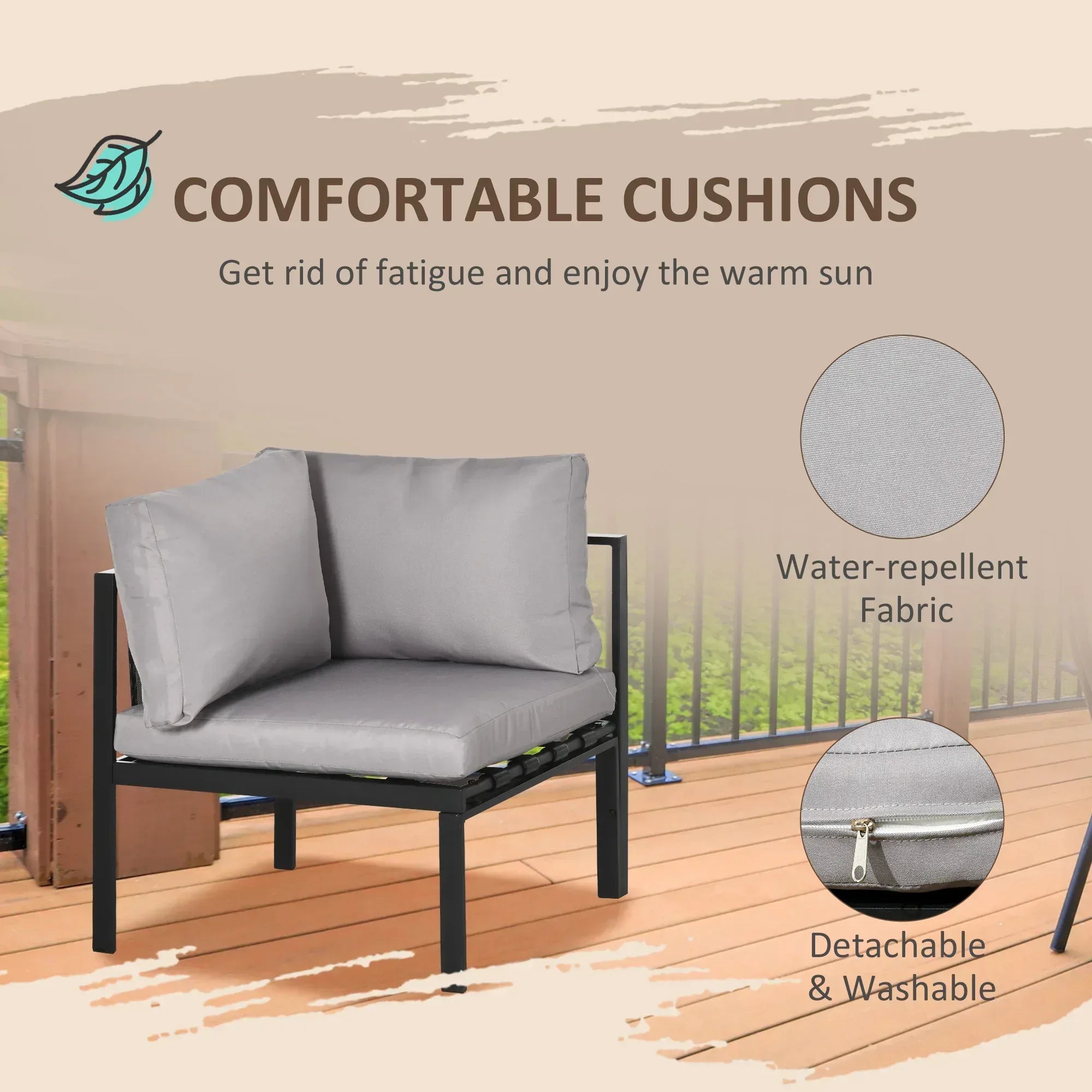 5 Seater Garden Corner Sofa Set, 4 Pieces Metal Garden Furniture Set with Loveseats, Glass Top Coffee Table, Breathable Mesh Pocket, Outdoor Conversation Furniture with Cushions, Light Grey - Bobobiy