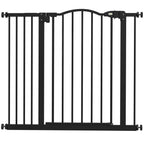 Black pet safety gate with vertical bars and hinged frame for door opening