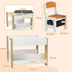 Kids table and chair set with natural wood accents and a blackboard-style tabletop