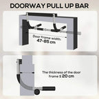 Doorway pull-up bar fits 47–85 cm frame width and door frame thickness ≤20 cm