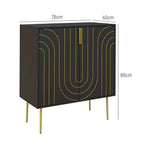 Black sideboard cabinet with gold-tone art deco curved door design and slender gold legs