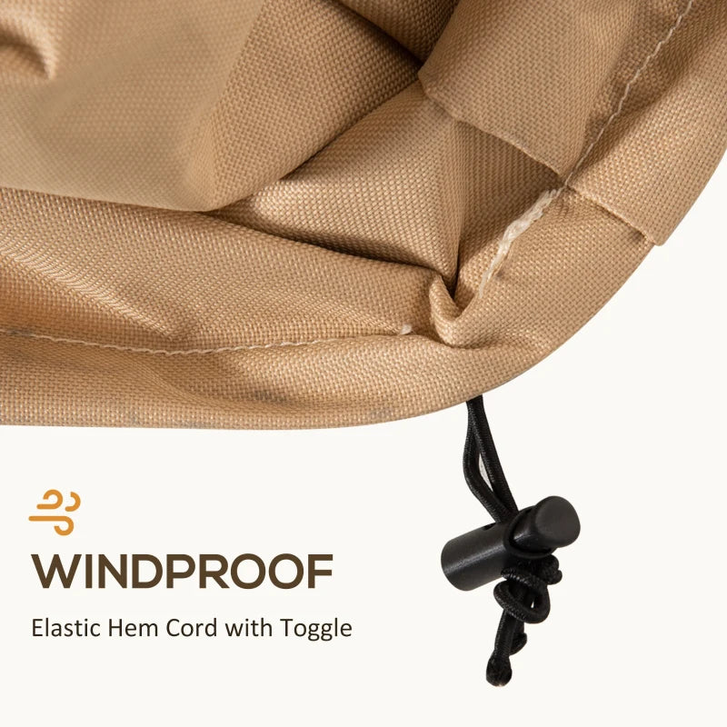 Beige cover hem with elastic cord and black toggle fastener detail.
