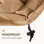 Beige cover hem with elastic cord and black toggle fastener detail.