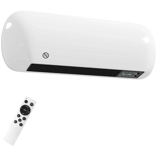 White wall-mount ceramic electric heater with fan, front grille, digital display, remote