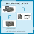 Grey rattan dining set with space-saving storage features and tucked footstools