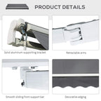 Grey awning with decorative edging, retractable arms, and solid support bracket