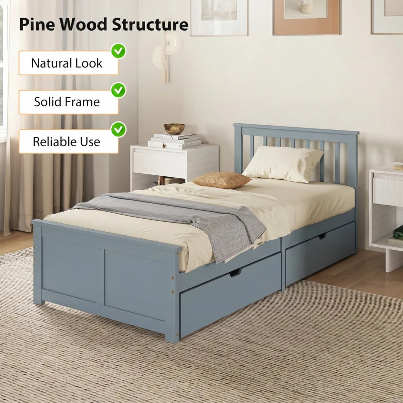 Grey pine single bed with vertical slat headboard and wood slat mattress support