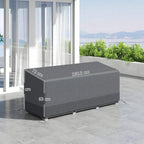 Grey patio sofa cover with front and side panels, corners and securing straps