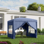 Blue outdoor pop-up gazebo with curtained roof and four window side panels