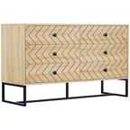 6-drawer dresser cabinet with zigzag wood pattern and black metal legs, natural finish.