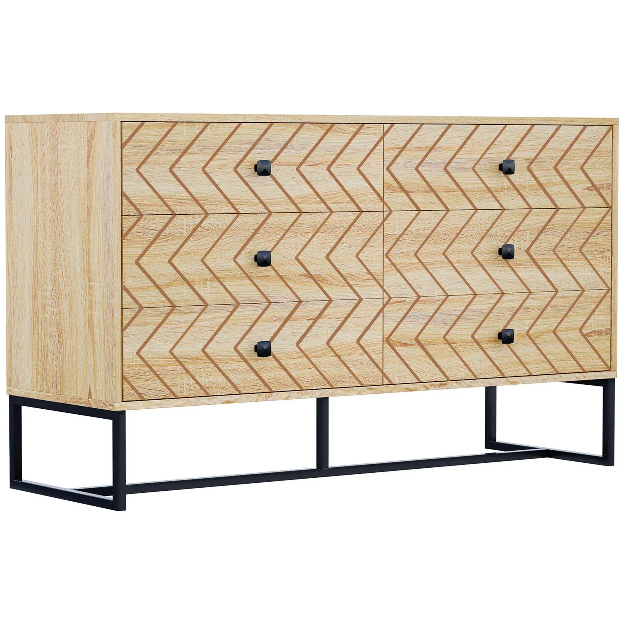 Bedroom Chest of Drawers, 6 Drawer Dresser, Sideboard Cabinet with Zigzag Design and Metal Base, Storage Drawer Unit, 120x71cm, Natural - Bobobiy