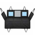 Waterproof dog car hammock seat cover in black with blue panels and hanging straps