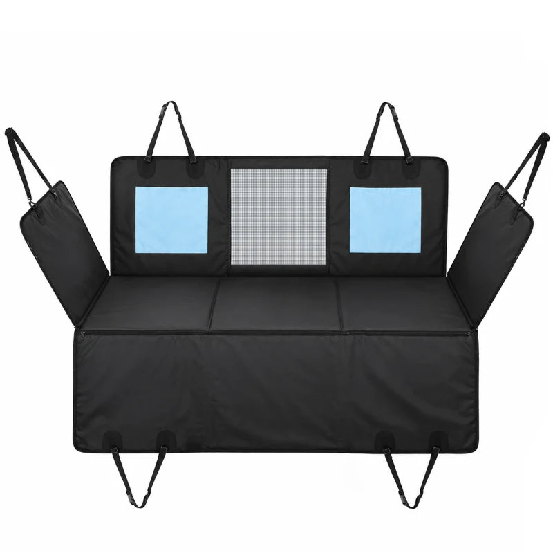 Waterproof dog car hammock seat cover in black with blue panels and hanging straps