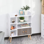 White bookcase with open cubbies, grey storage cabinet doors, and light wood legs