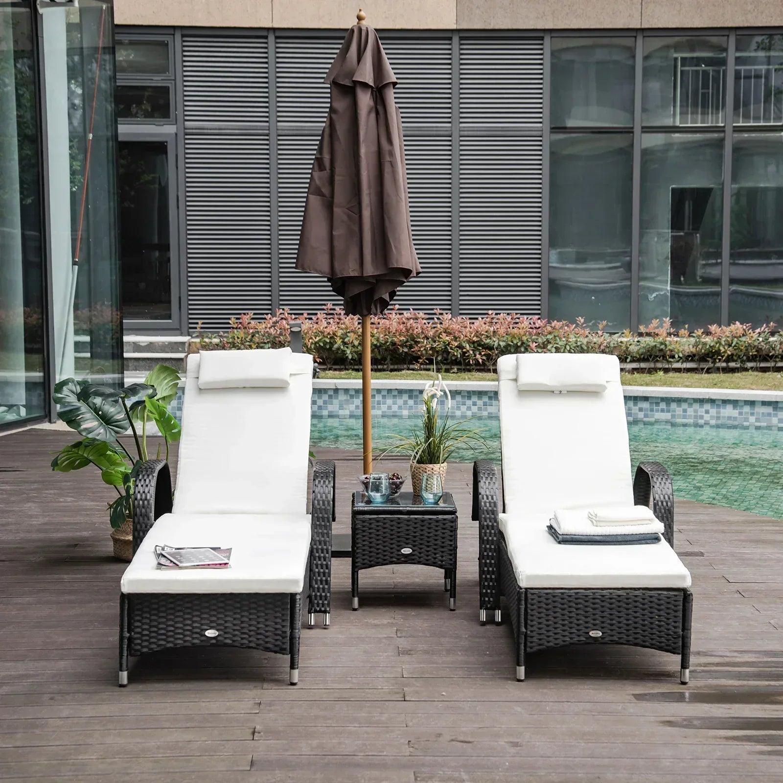 2 Seater Rattan Sun Lounger Set with Side Table Black - Bobobiy