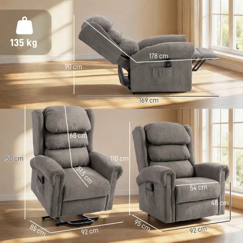 Dark grey power lift recliner showing extended footrest and reclined seat