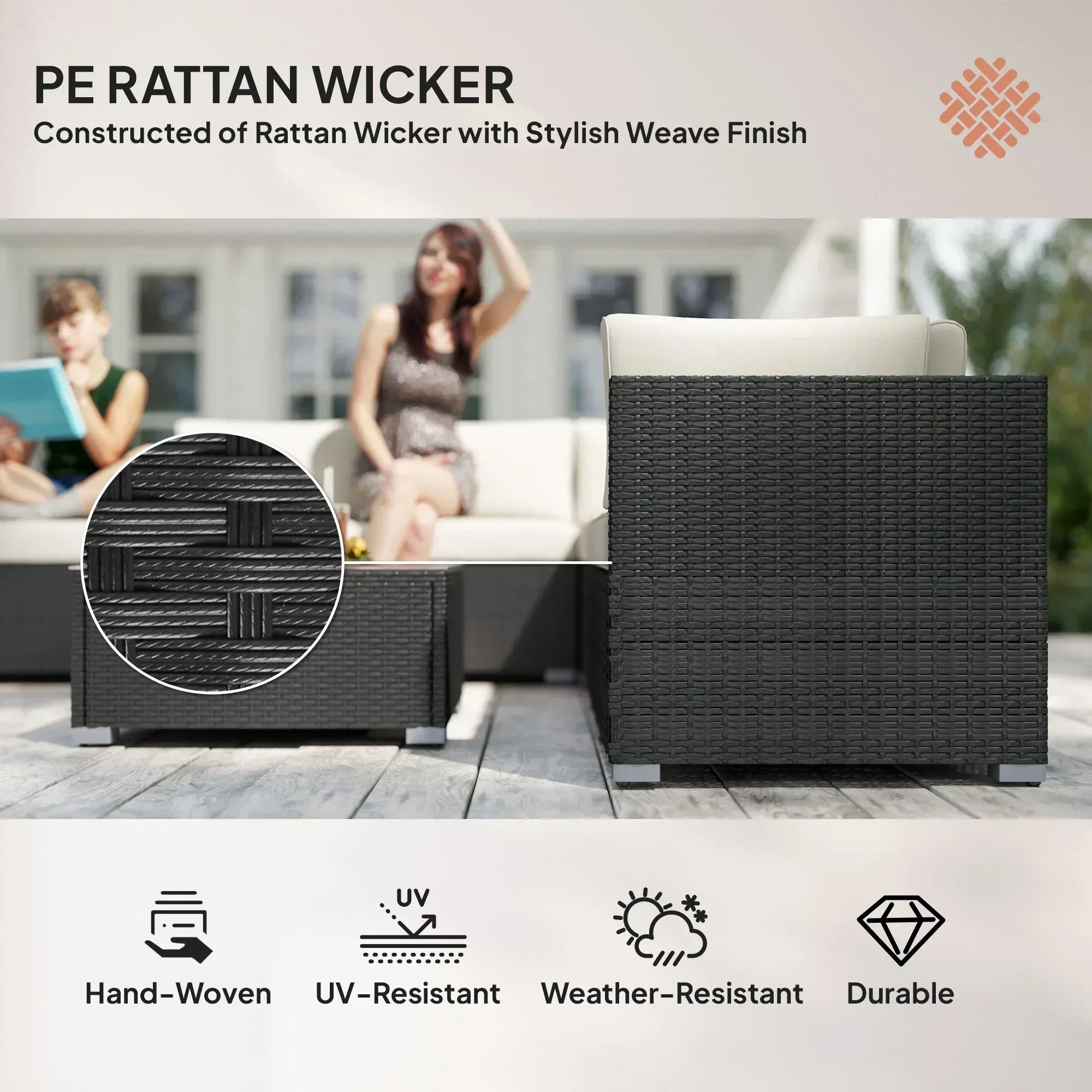 8 Piece Rattan Corner Sofa Set with Wide & Deep Seat, Assembled Aluminium PE Rattan Garden Furniture Set with Thick Cushions and Glass Top Table for Outdoor, Conservatory, Black - Bobobiy