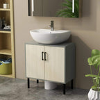 Bathroom vanity cabinet with double doors and black handles, natural wood finish.