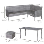 Rattan corner dining set layout with table and ottoman dimensions, shown on white background