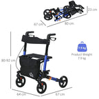 Folded blue rollator walker with black padded seat, backrest, and storage pouch