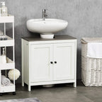 White freestanding under-sink cabinet with double doors and dark top, shown in room.