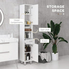 White tall narrow bathroom cabinet with open shelf, drawer, and two door compartments