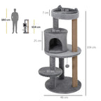 Grey plush cat tree tower with round platforms, enclosed condo, and scratching post