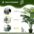 Artificial palm tree in black pot with dense green fronds and stems