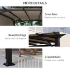 Outdoor pergola details: cross bars and ground nails on black frame