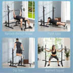 Black multifunction barbell rack set up for bench press, push-ups, dips, and squats