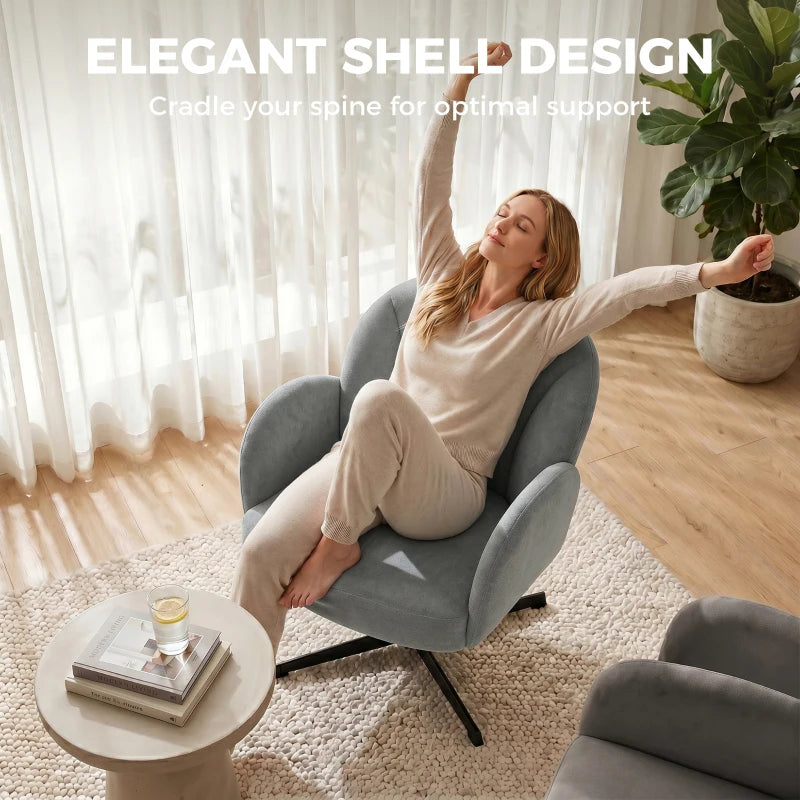 Grey shell-shaped swivel accent chair with curved back and black cross-base
