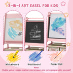 3-in-1 kids easel in pink with whiteboard, blackboard, and paper roll