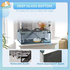 Black wire hamster cage with deep glass bottom, removable buckle, and shock-absorbed board