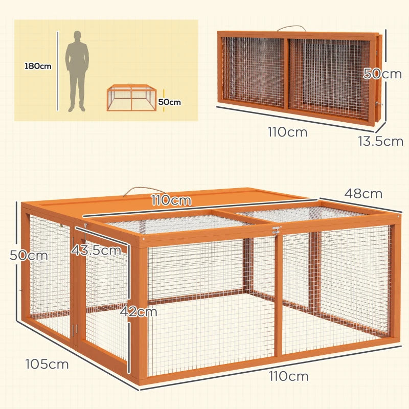 Orange rabbit hutch with wire mesh walls and divided interior floor.