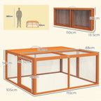 Orange rabbit hutch with wire mesh walls and divided interior floor.