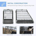 Black metal dog crate with folding frame and secure latches, tray base