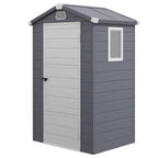 Grey wall shed with hinged door and small square window
