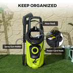 Green pressure washer with hose hook and power cord hook for tidy storage