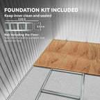 Metal shed foundation kit with rectangular base frame and wooden top panel